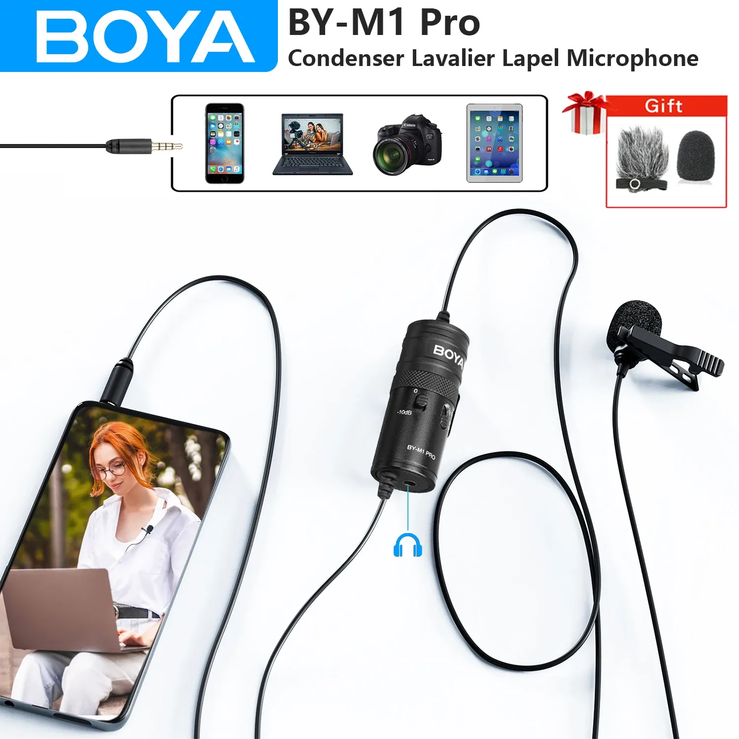 Tripods Boya BYM1 Pro Lavalier Lapel Microphone for iPhone Android DSLR Cameras PC PC Computer Vlog Streaming YouTube Recording Mic