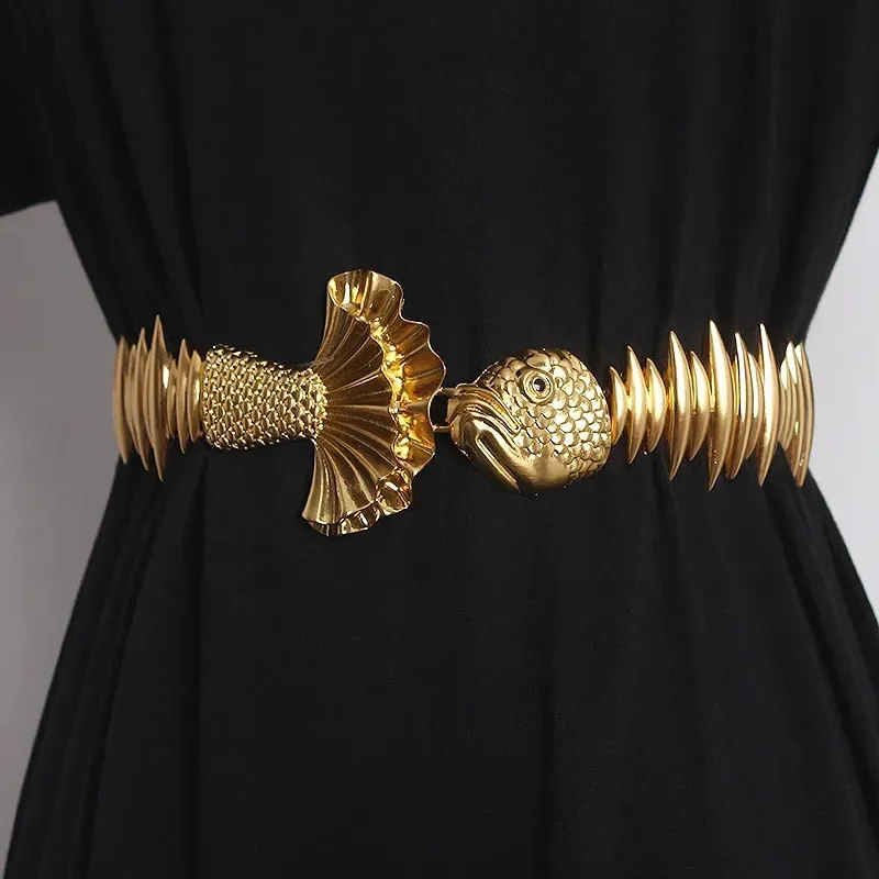 High-Quality Women's Fish Metal Gold Belt for Dress in Elastic Gold Waist Design - Style 241108