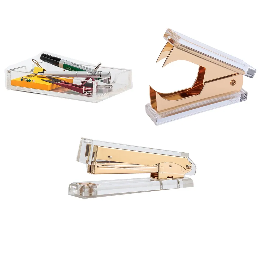 Stapler Acryl Gold Stapler 1) Stapel Remover 1Notepad Holder Desktop Stationery Series