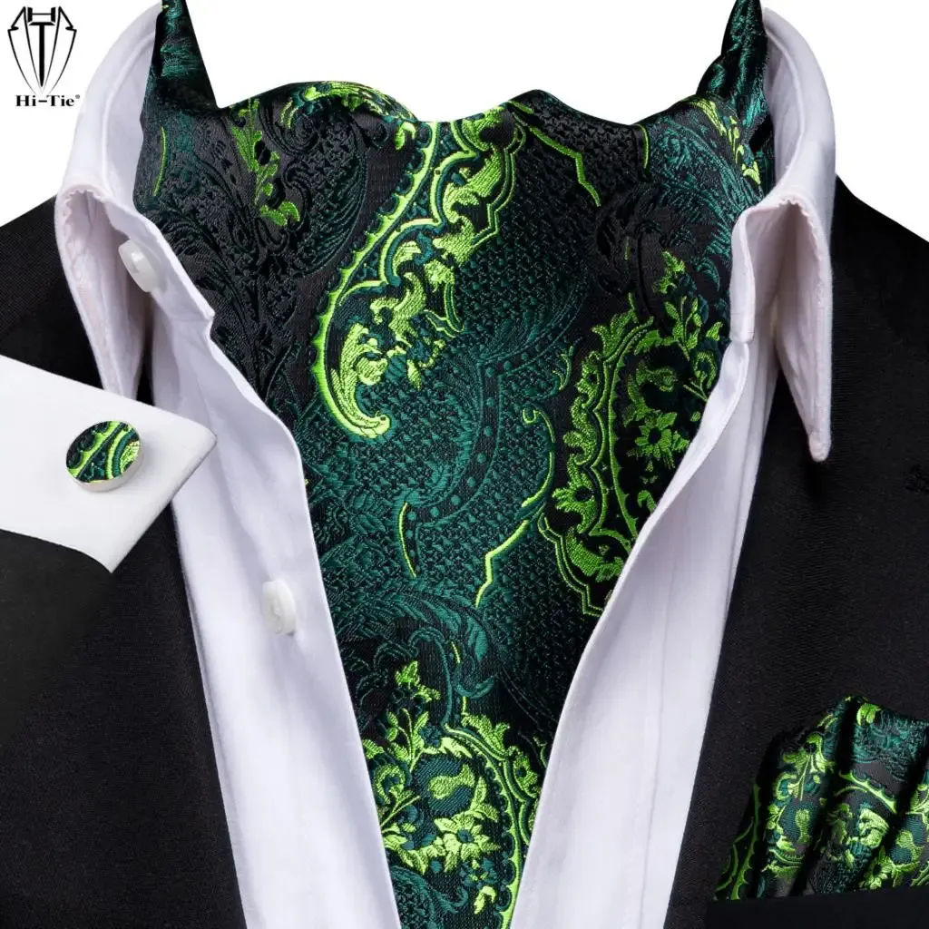 HITIE Green Floral Silk Mens Ascots Pocket Square CuffLinks 세트 남성 웨딩 파티를위한 Jacquard Vintage Cravat Tie Scarf Prom240409