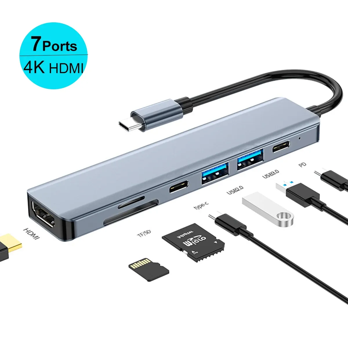 Hubs 7in1 Station d'amarrage Type C Hub vers 4K 30Hz HDMI USB 3.0 PD100W Charge Hub Adapter Splitter pour les accessoires d'ordinateur portable MacBook Pro