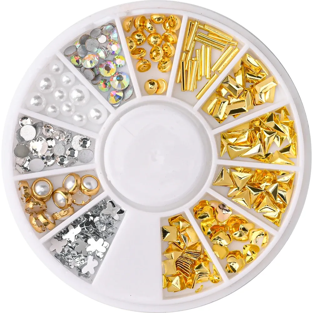 12Girds Metal Nitets Nail Studs Mixed Heart Frame Star Gold Silver Jewelry 3D DIY Tips Nagelkonstdekorationer Manikyrtillbehör