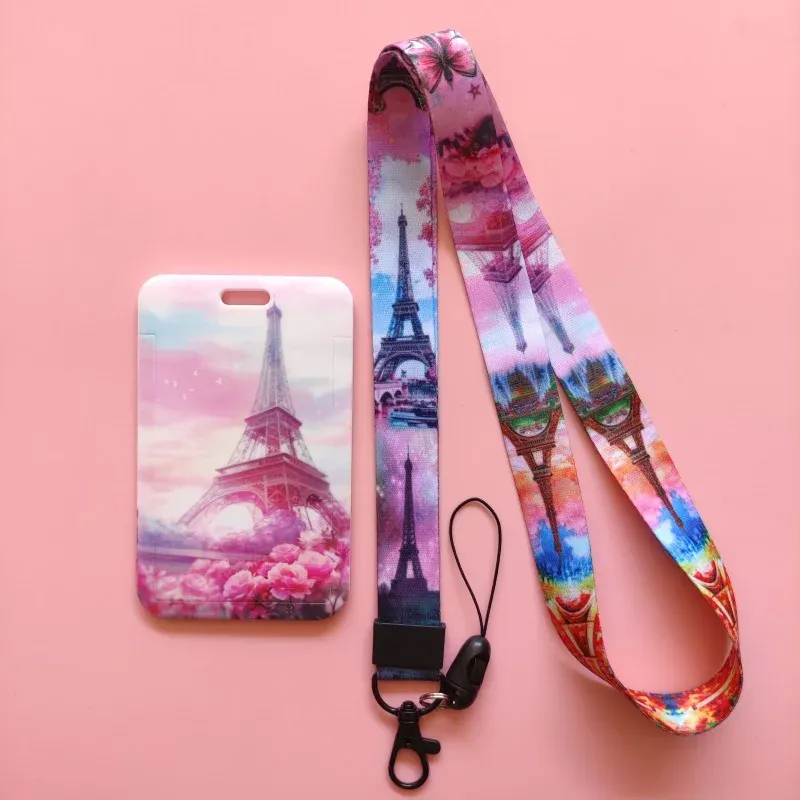 Paris Tower Card Holder Lanyard Keychains Campus Card Hanging Neck Strap Card Holders Lanyards ID Badge Case