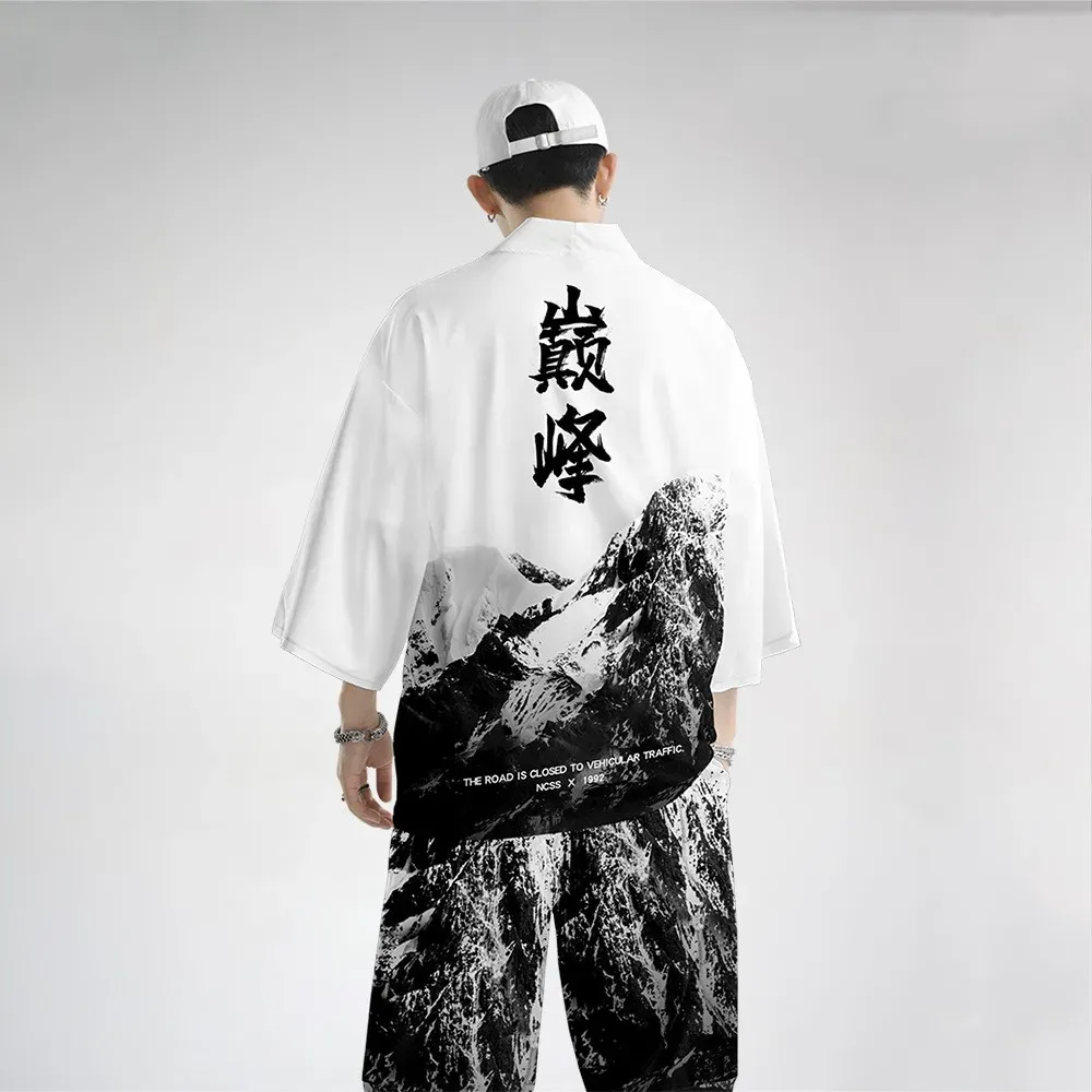 Oversize 6xl Men Kimono Cardigan Pantalon Suit Japonais Imprime Crane Yukata Robe Set News Veste Chinese Style Tang Suit