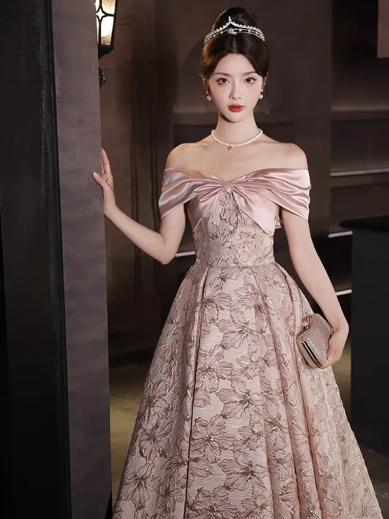 Floral Jacquard Bridesmaid Dress Pink Champagne Off the Shoulder Boat Neck  Floor-Length A-Line Gown from Dhgate Bridesmaid Dress - price 249.11