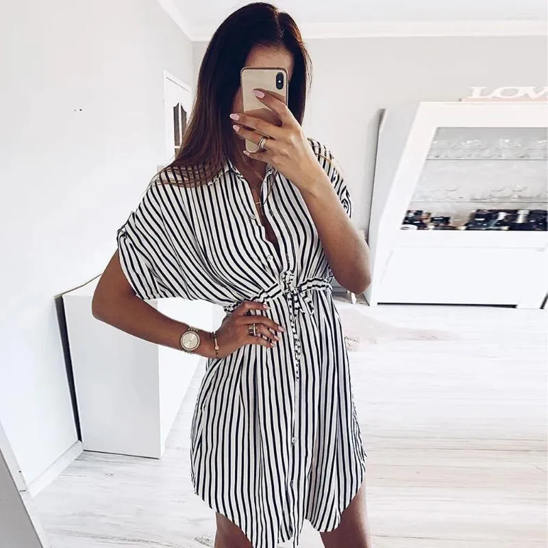 Casual Dresses Women's Dress Autumn Drawstring Mini Party Night Short Sleeve Stripe Print Lapel Shirt Single Breasted Sundress