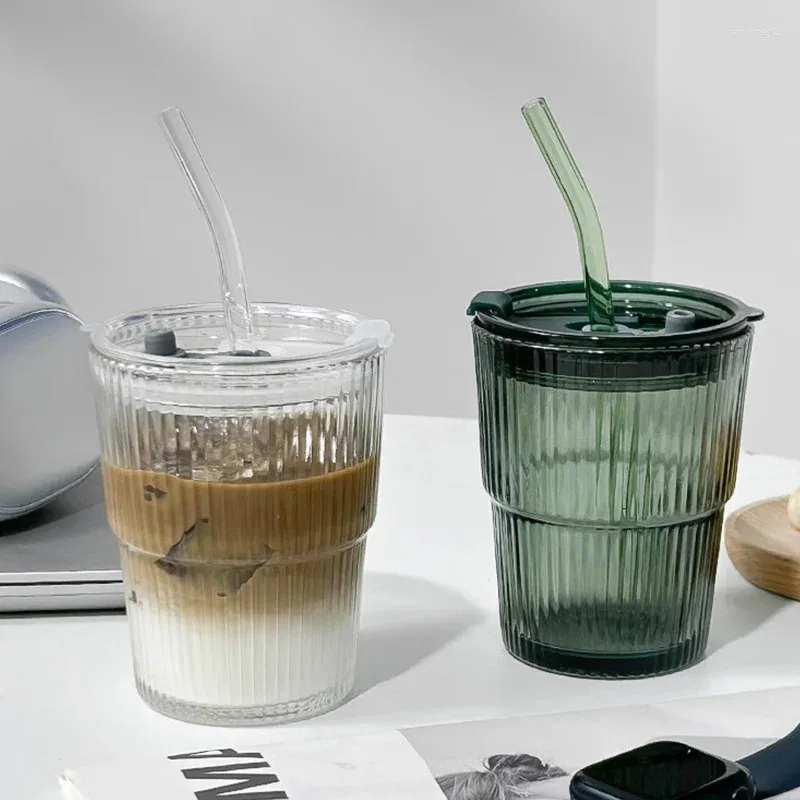 Casas de vino Milk Water Cup Drinkware 400ml transparente con tapa y paja Glass Glass Café Taza Taza Jugo de té