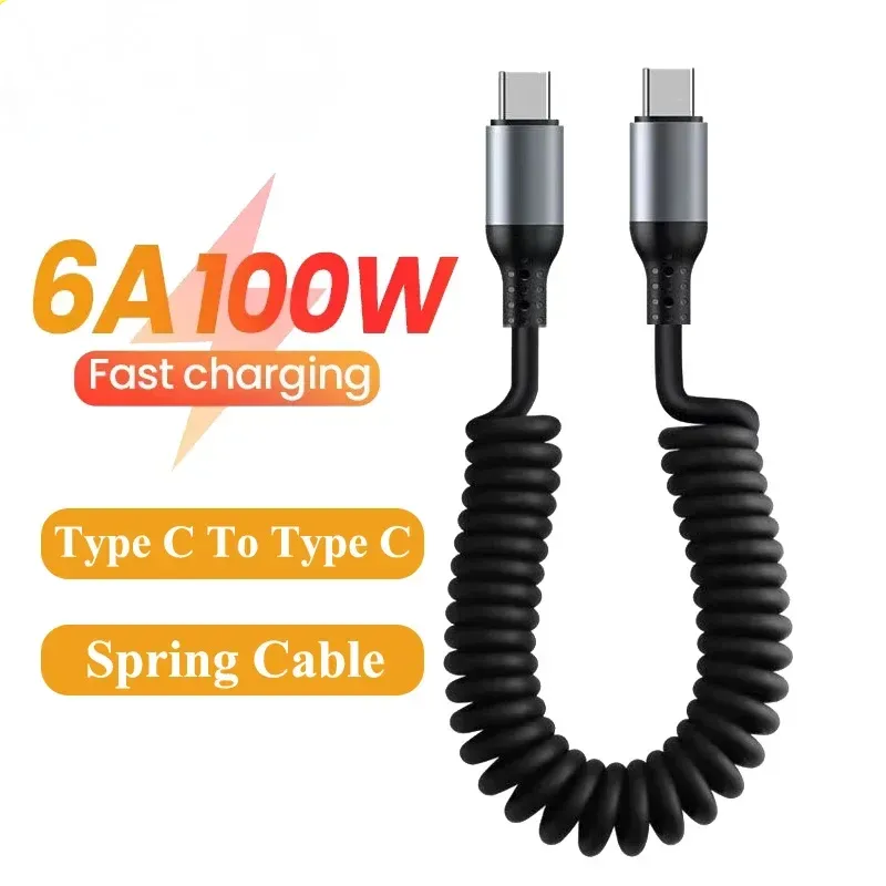 100W 6A Cabo de carregamento rápido Spring Pull Cord Type C Tipo C para Samsung Xiaomi Oppo Huawei USB C CABELA DE CARRO DE CARRO
