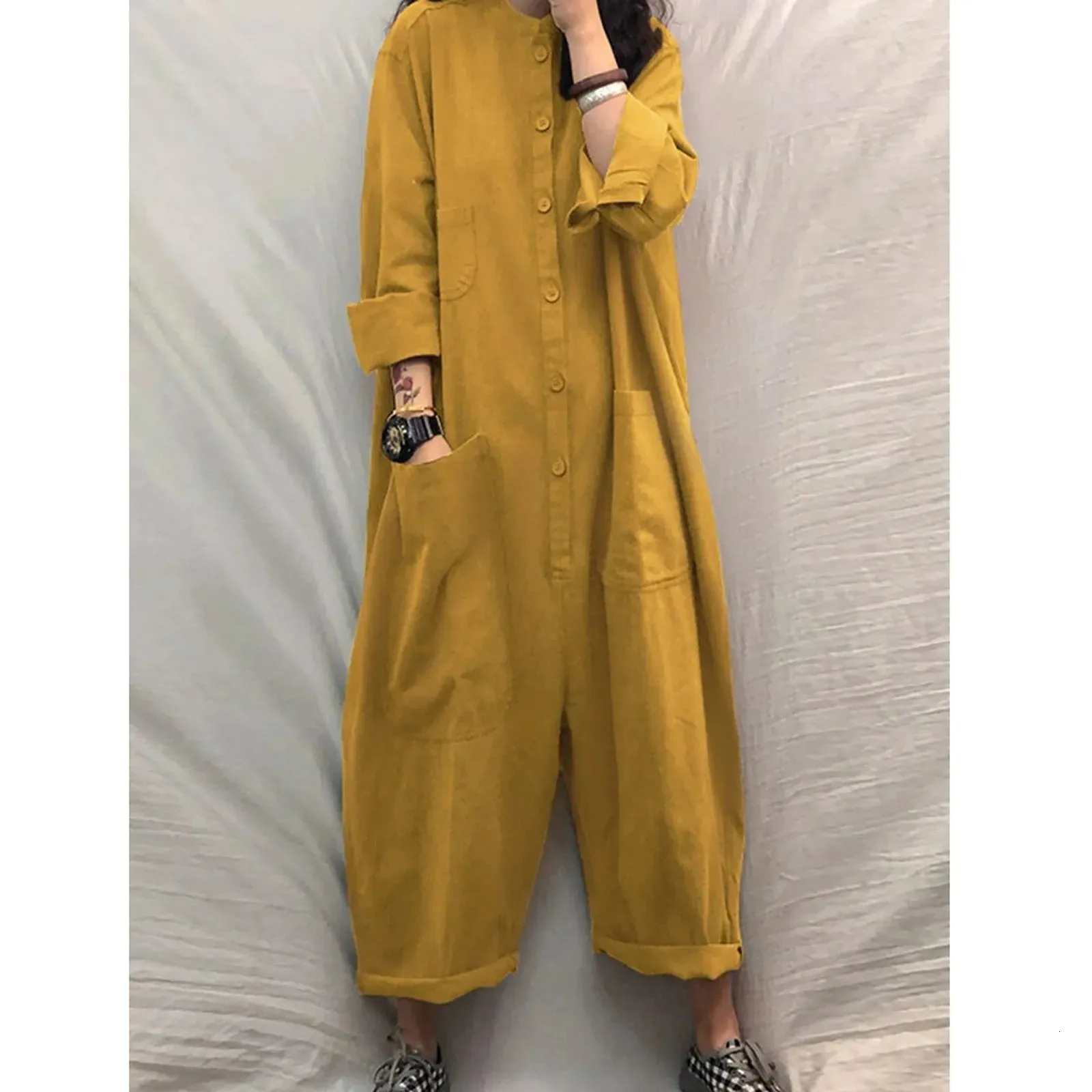 Oversized Women's Jumpsuit Autumn Casual Romper with Pockets, Loose Fit  Overalls, Solid Color Stand Collar Bottom Comfy Stylish