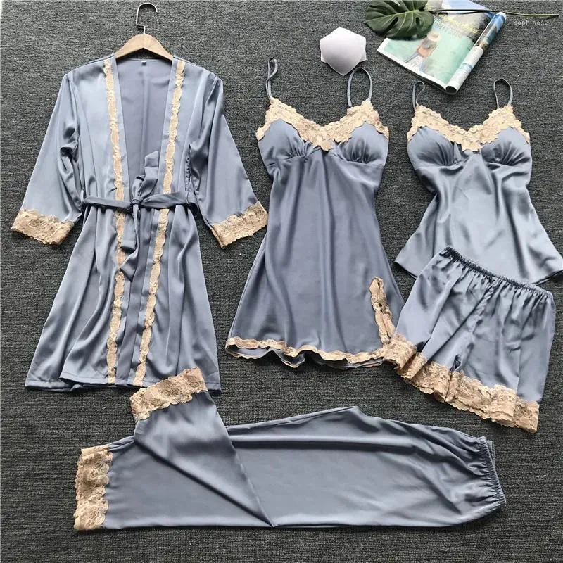 Home Clothing ZOOLIM Satin Sleepwear Female With Chest Pads Sexy Women Pajamas Lace Slik Sleep Lounge 5 Pieces Sets Ladies Indoor