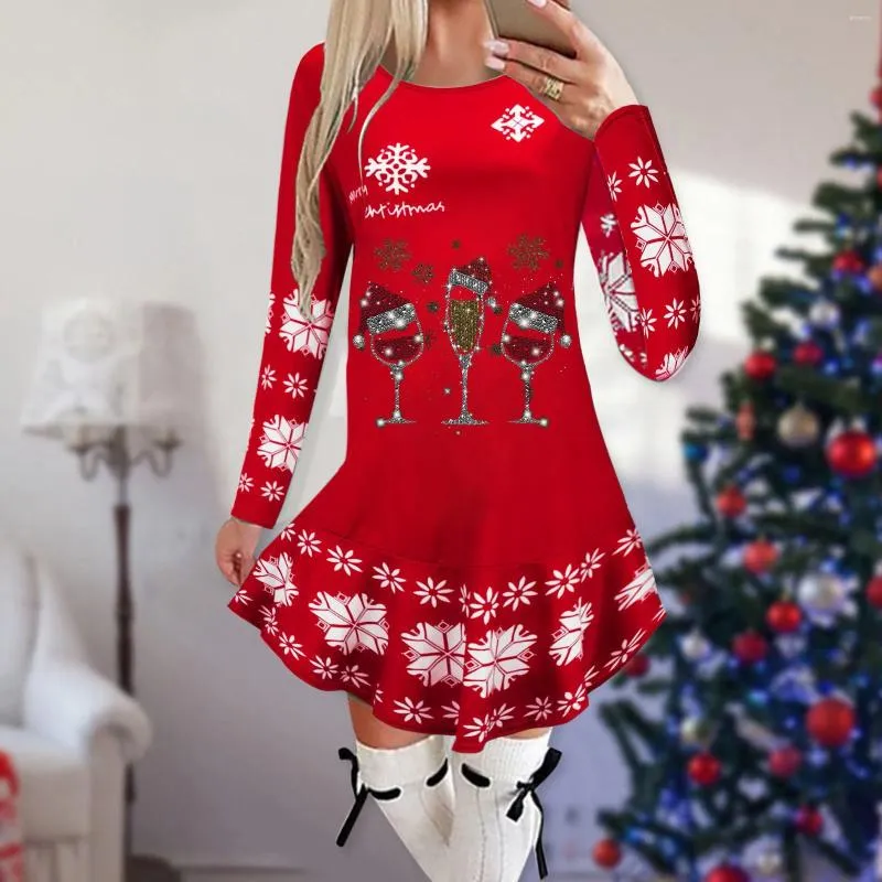 Casual Dresses Women'S Christmas Printed Round Neck Ruffle Hem Long Sleeved Dress Autumn Winter Loose Sexy Vestidos