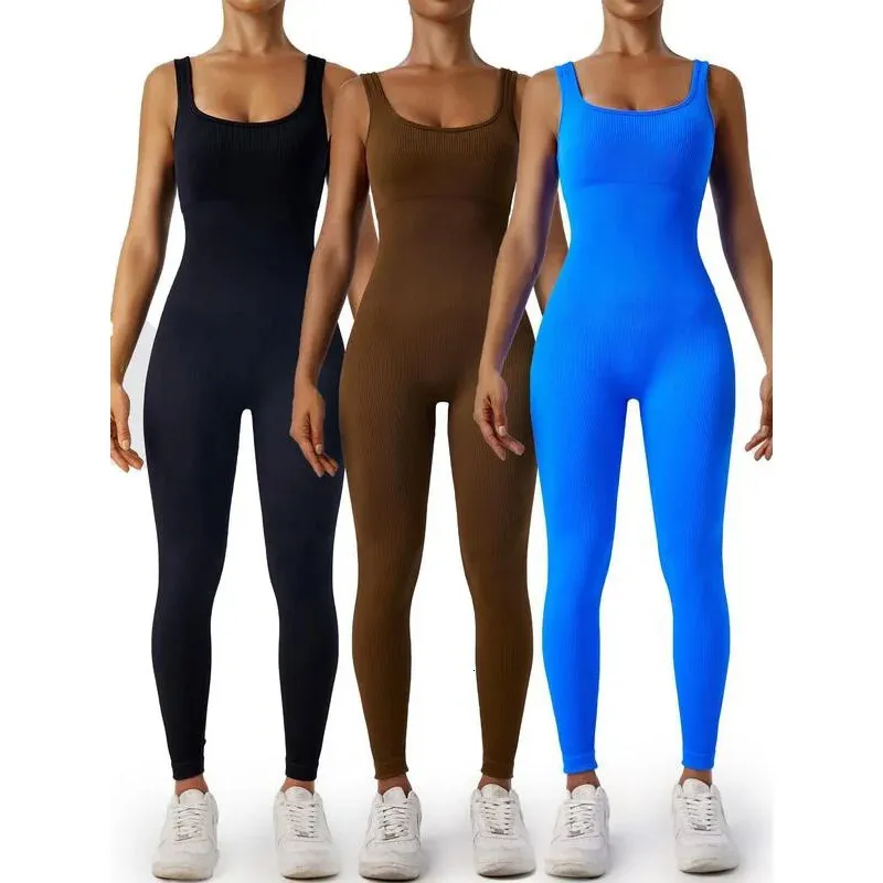 Kvinnor Solid Backless Seamless Ribbed Secondskin känner dig åtstramande sporttank Jumpsuit Spring Summer Clothes Women Comfo 240409