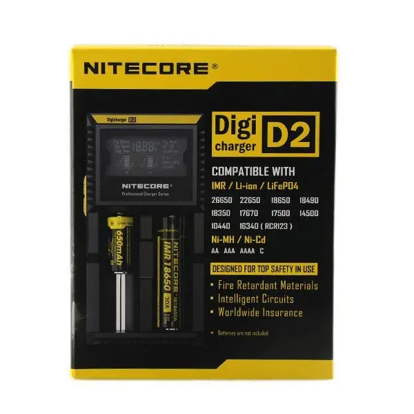 Original Nitecore D2 Digi Charger Digicharger LCD Display Battery Intelligent 2 Dual Slots Charge for IMR 18650 26650 20700 21700 Universal Li-ion Battery Authentic