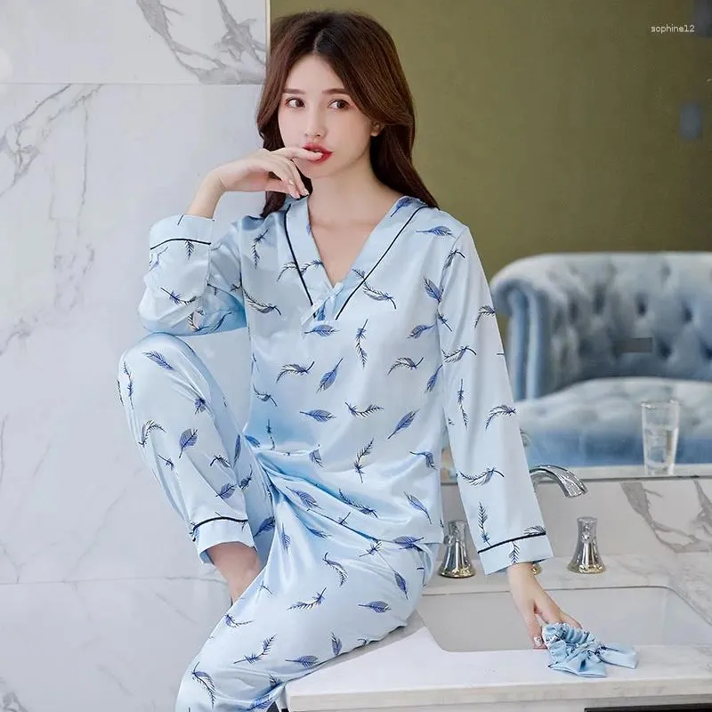 Ev Giyim Yüksek Kalite Sonbahar Kadınlar Pijamalar İpek Güzel Baskı Pijamaları Set Sleepwear Suit Uzun Pantolon İki Parçalı V Yastık Kadın Nightwear