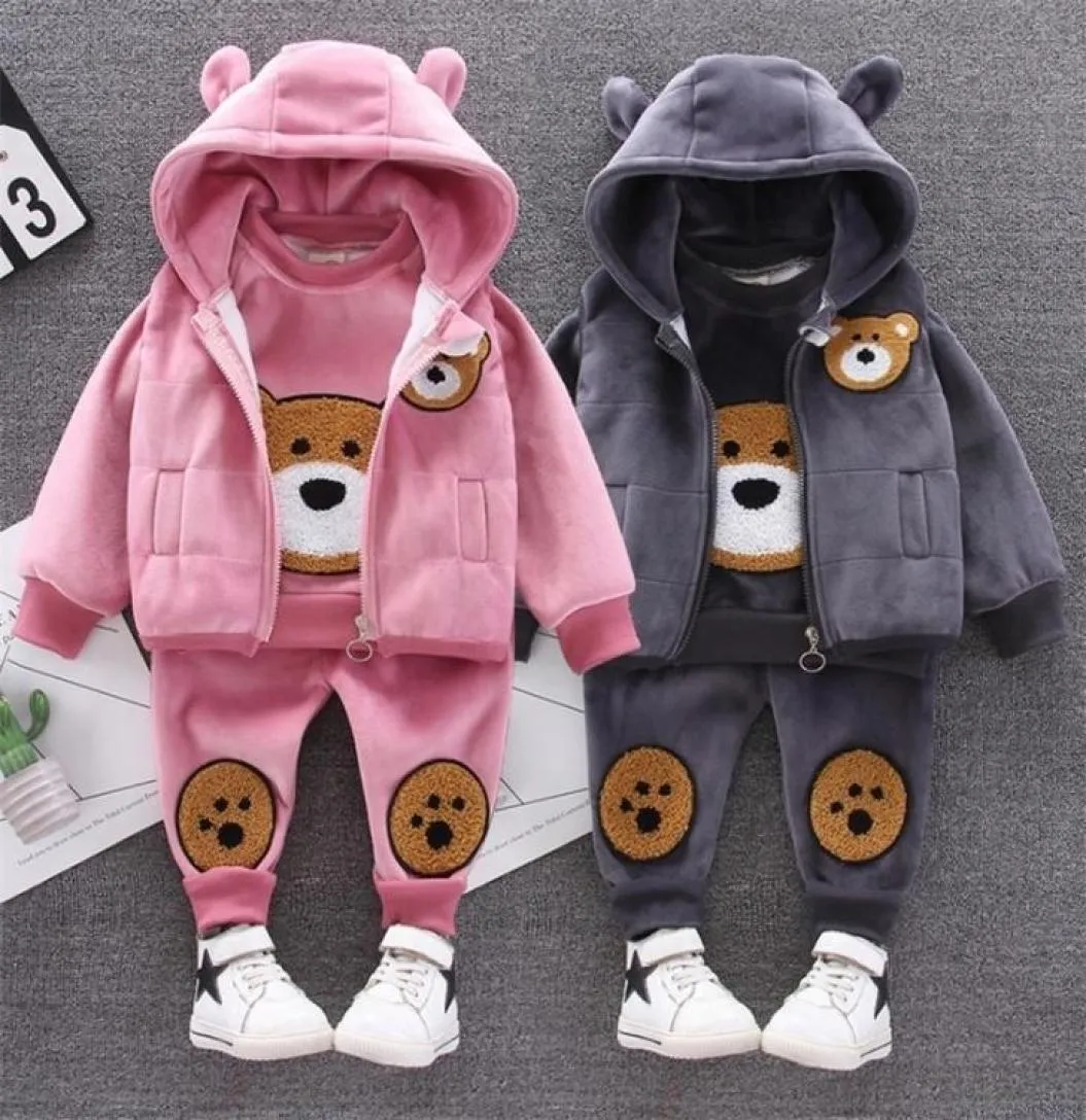 Roupas de bebê Inverno, terno quente de cartoon urso suéter com capuz bebê menino menina menina lã de lã de lã de veludo de ouro de ouro lj4400175