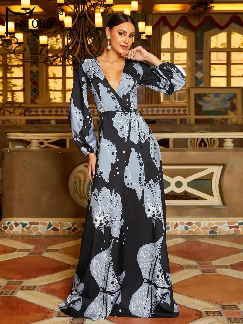 Casual Dresses Missord Elegant Black Print Prom Women Deep V Neck Lantern Sleeve Belted A-Line Evening Dress Long Party Gown