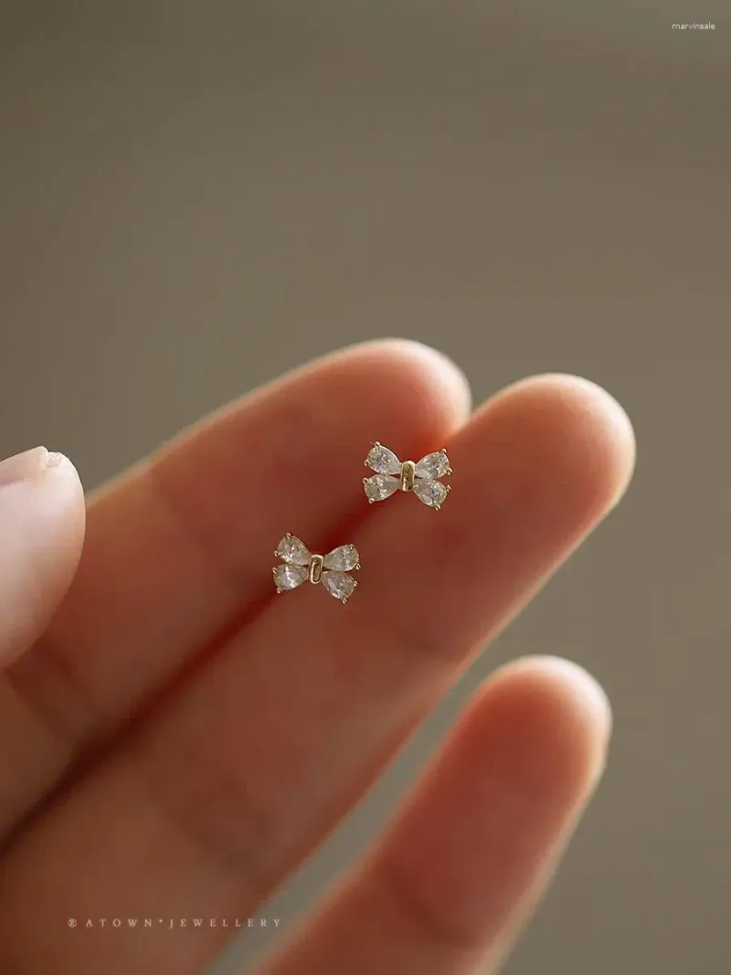 Stud Earrings Korean Fashion 925 Silver Needles Ear Piercing Zircon Bow Gold Color For Women Sweet Girl Jewelry Gift