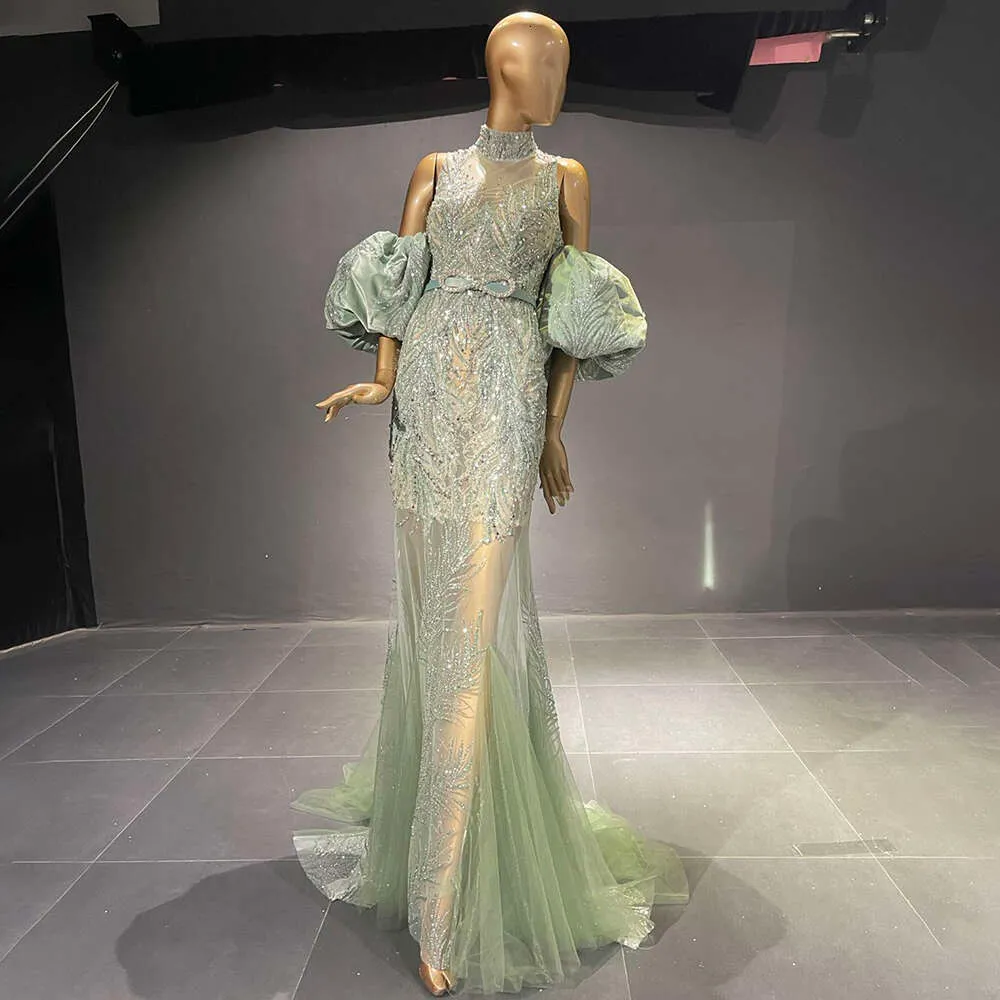 Customized Green Beaded Mermaid sage Green evening dress with Sleeves - Elegant Party Gown for Women by LA Customized Green Beaded Mermaid sage Green evening dress with Sleeves - Elegant Party Gown for Women by LA