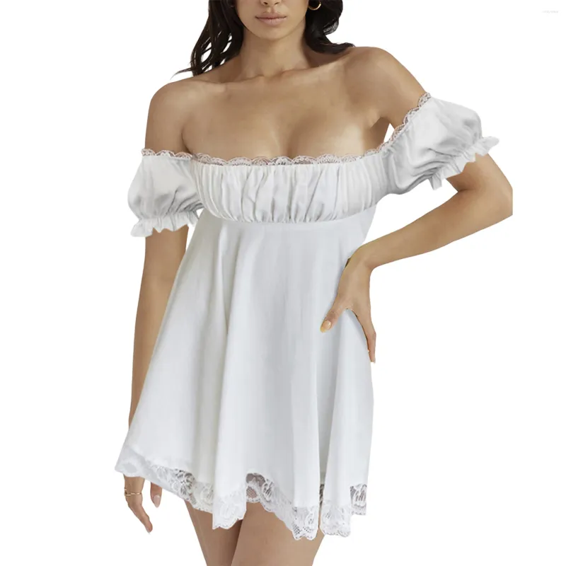 Robes décontractées pour femmes hors épaule mini robe d'été à manches courtes à manches courtes en dentelle de dentelle de plage flux de plage fluide