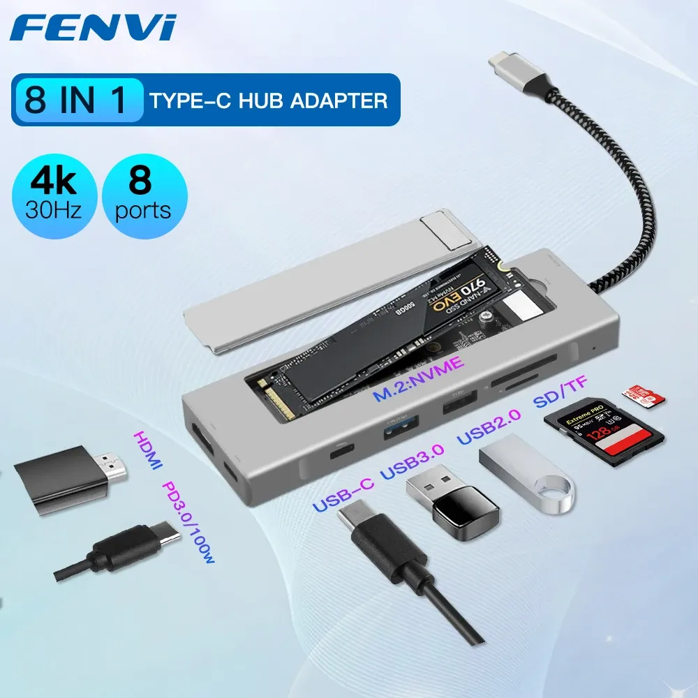 İstasyonlar Fenvi 8 in 1 M.2 NVME SSD Yorgan Kılıfı USB C Hub Tip C - SD TF USB 3.0 Dock İstasyonu HDMicompatible Dizüstü bilgisayar MacBook PC