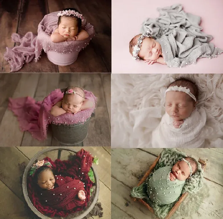 Multifunctionele zachte babyfotografie Props pasgeboren fotografie deken baby foto wraps parels kralen moslimwraps