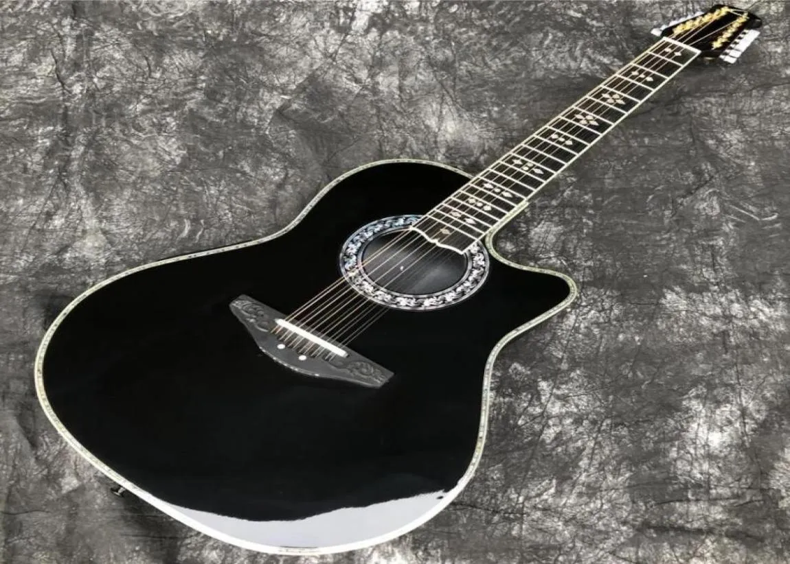 Sällsynt ovation 12 strängar ihålig kropp svart elektrisk gitarr kolfiber Body Ebony Fretboard Abalone Binding F5T Preamp Pickup 7903094