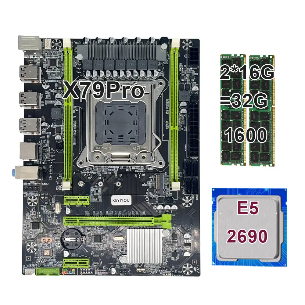 Motherboards Keyiyou LGA 2011 x79 Pro Motherboard With Xeon 2690 2*16 = 32GB DDR3 1600MHz Reg ECC Ram Memory Combo Kit Set NVME SATA Serve