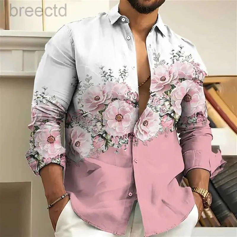 Men's Casual Shirts Fashion 2023 Mens Shirt Floral Pattern 3D Printing Pink Blue Purple Gray Outdoor Street Long Sleeve Clothing Designer Casual 240409