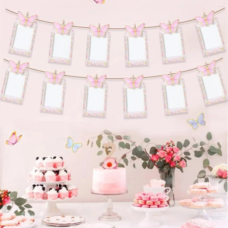 Dekoracja imprezy 1st Butterfly urodziny Po Banner Garland 12 miesięcy Frame Baby Girl 1 roczne materiały eksploatacyjne