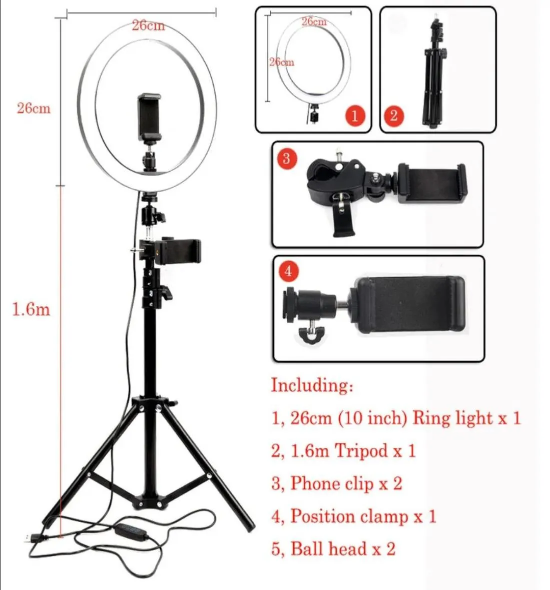 26cm LED Ring Loop Light PO Studio Câmera de vídeo Preencher a luz da maquiagem do YouTube com um suporte para telefone de tripé de 16m9923407