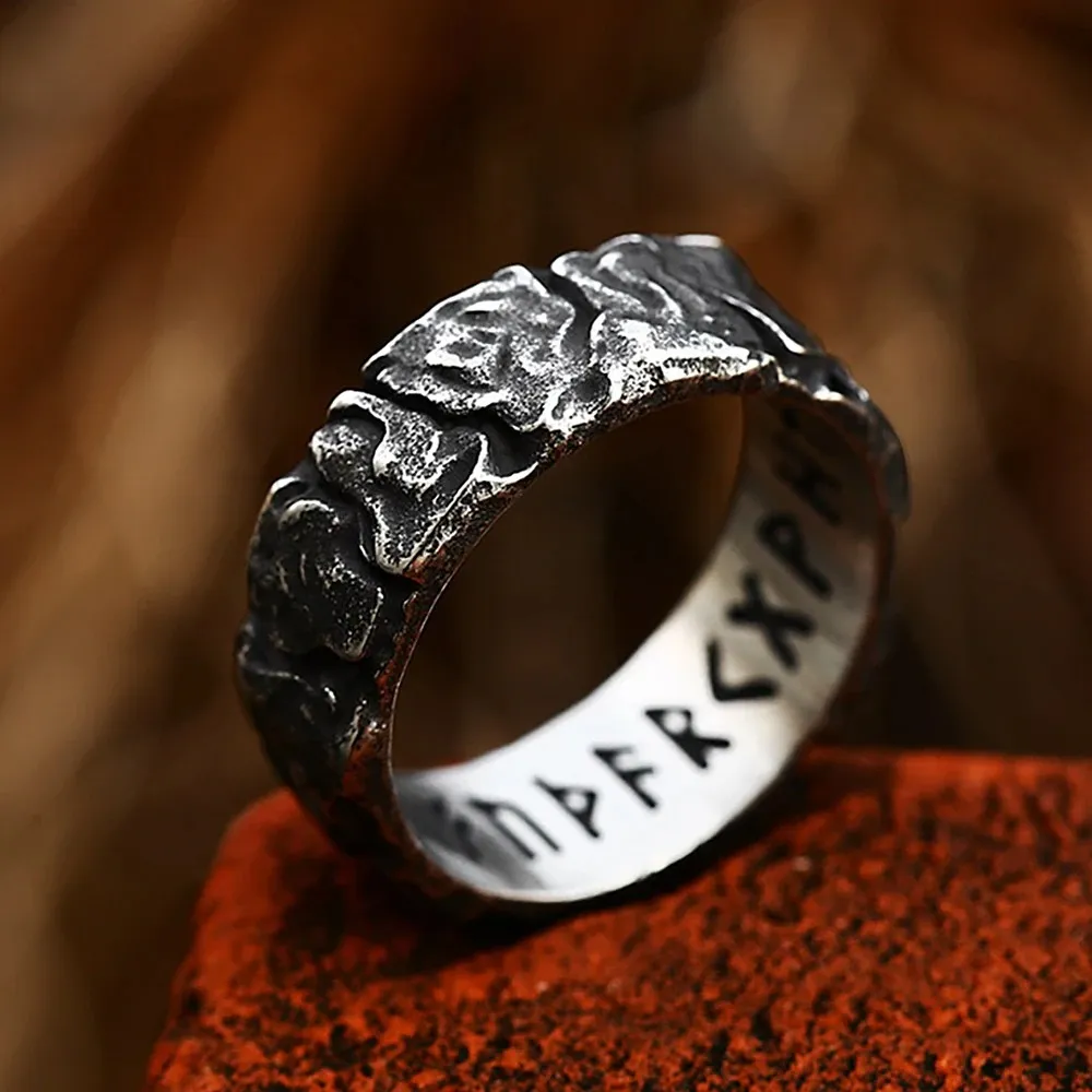 Vintage Unique Design 14k Gold Viking Runes Ring for Men Women Viking Round Rock Rings Amulet Jewelry Gift