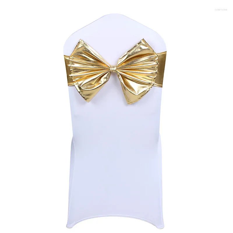 Stoelhoezen 10 PCS Metallic Stretch Spandex Sash Band Gold Silver Lycra Wedding Bow Free Tie voor El Banquet Decoratie