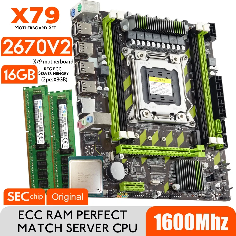 Placas -mãe x79g x79 placa -mãe conjunto com lga2011 combos xeon e5 2670 v2 cpu 2pcs x 8gb = 16 gb de memória ddr3 radiador de ram 12800r 1600mhz