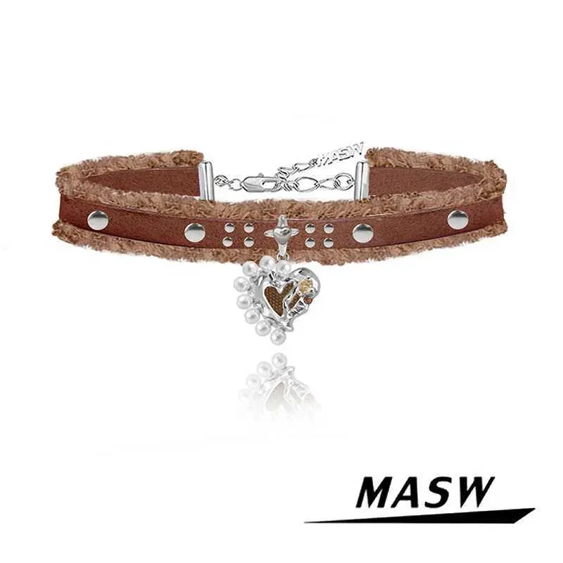 Hänge halsband masw original design elegant temperatur brun pu halsband simulerade pärlhjärta hänge halsband lämpligt för kvinnors mode smyckenq
