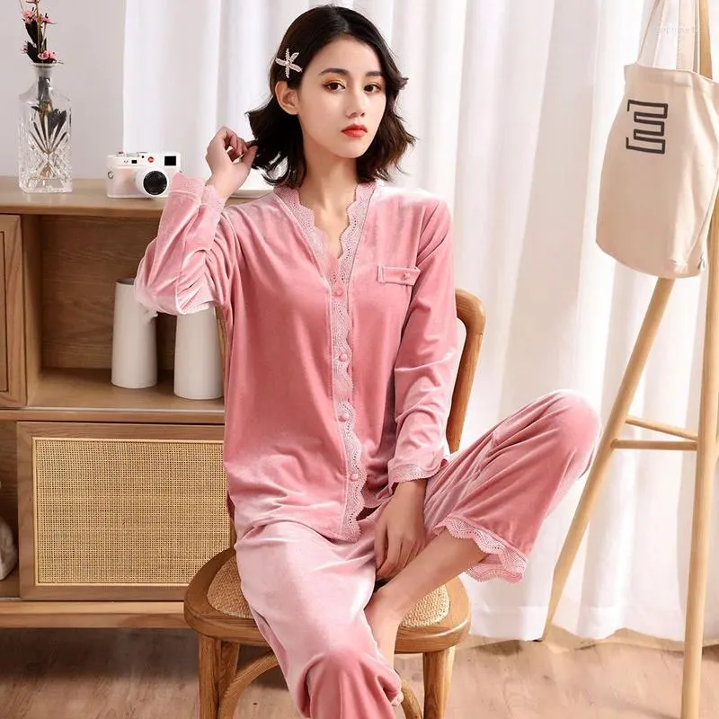 Ev Giyim Velvet Sweetwear Kadın Günlük Salon Giymek Sonbahar Pijamaları Set 2 Parça Dantel Gömlek Torpanları Yumuşak Nightwear Çiçek Giysileri