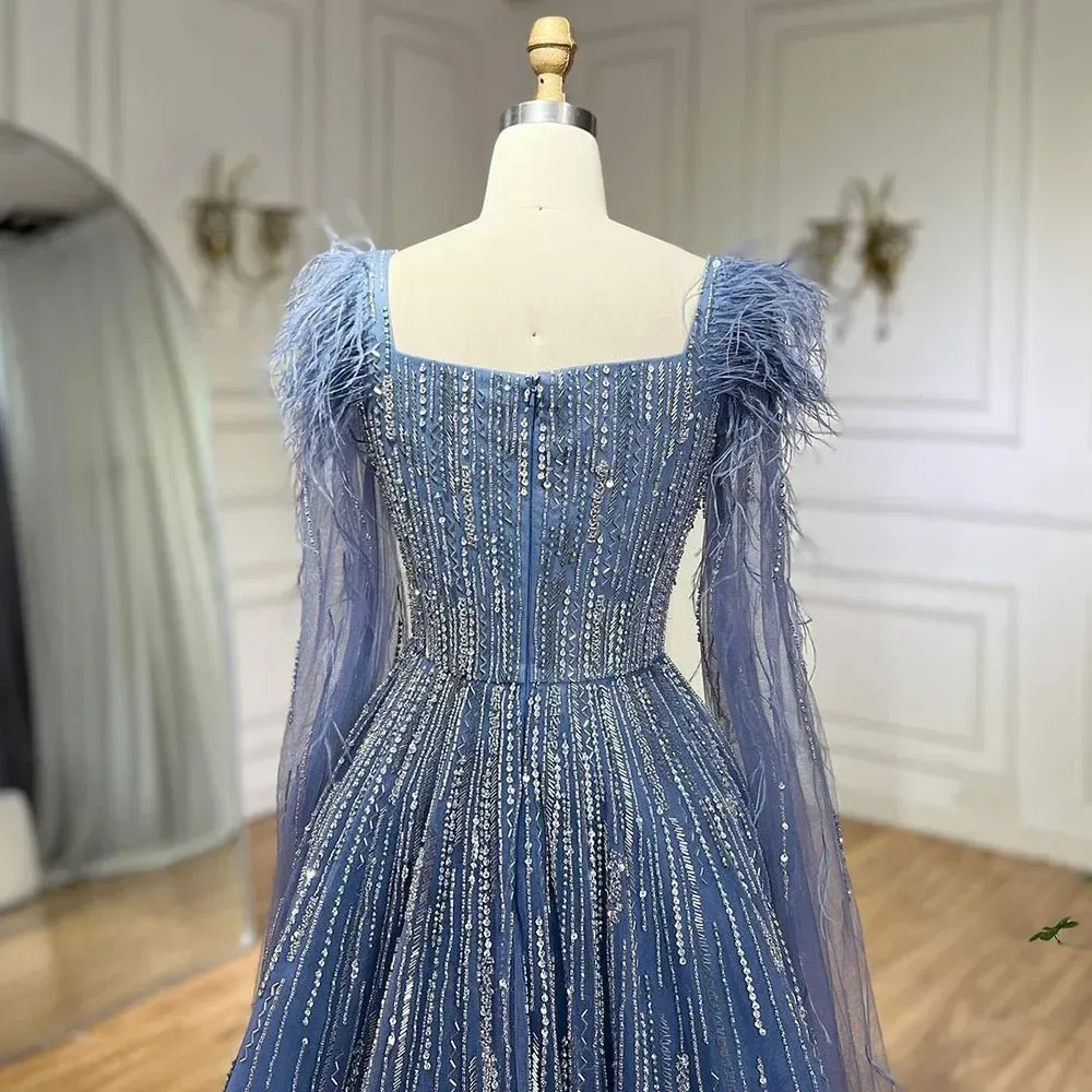 blue aesthetic dress Dusty Blue Star Sequined Tulle Long Sleeves Vintage Prom Dresses, CP07 –  clover sew main image 1