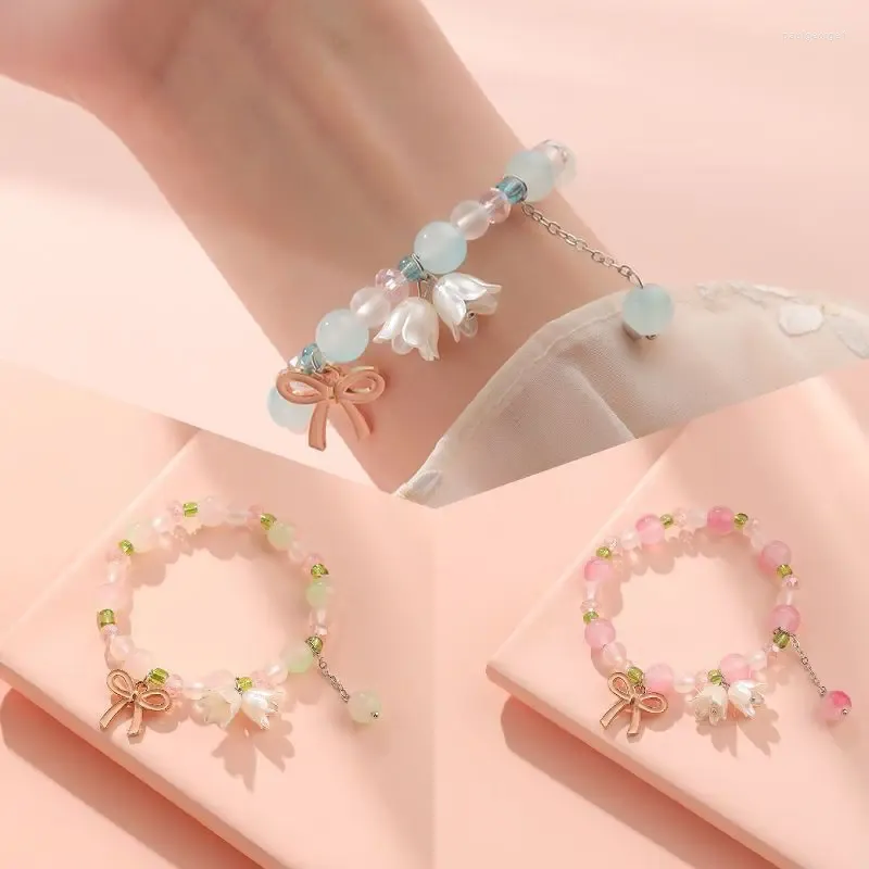 Strand Sweet Lovely Flower Charm Bracelets For Women Girls Pink Blue Beads Stretch Bracelet Students Friendship Jewelry Gift