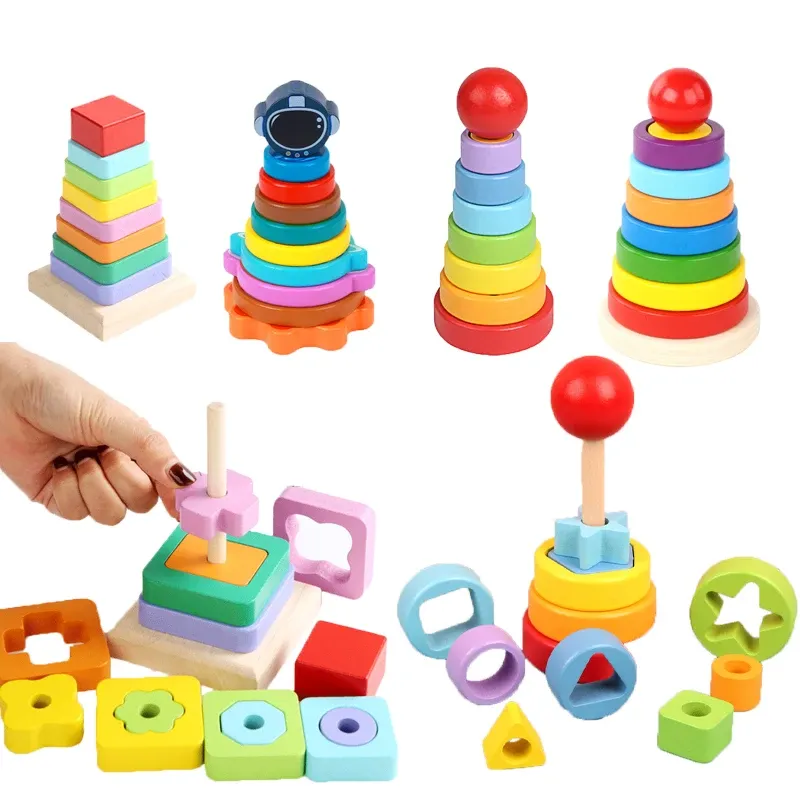 Montessori Educational Learning Children Toys Rainbow Wood Blocks Color Cognitive Shape Matching Stacking Game For 3-6 Years Old