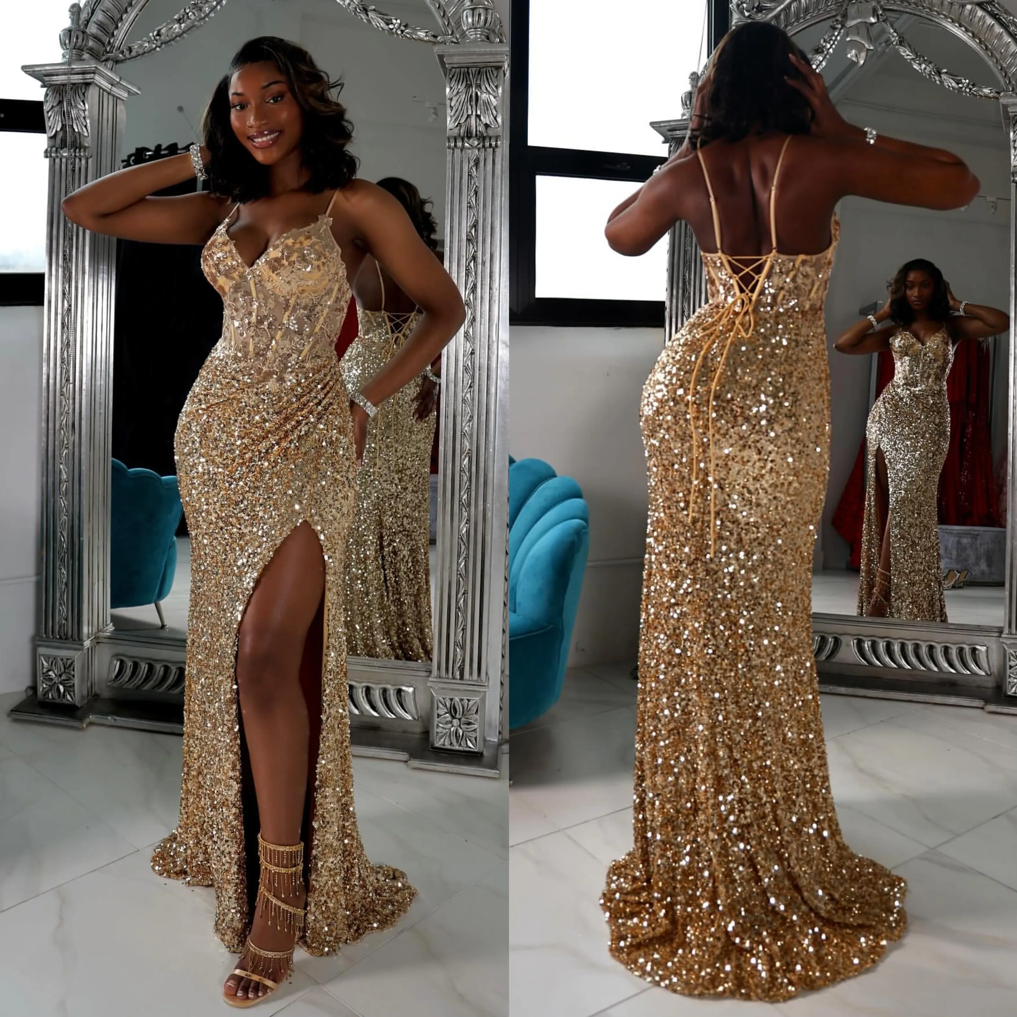 Gold sequin spaghetti strap dress hot sale