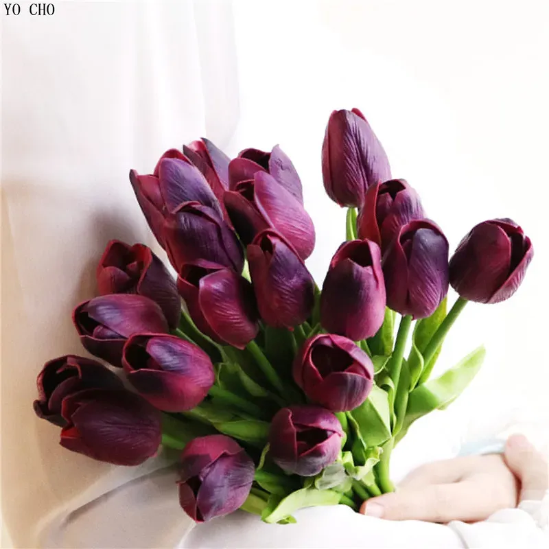 YO CHO 21pcs/lot Artificial Tulips Flowers Farmhouse Garden Decor PU Real Touch Wedding Bouquet DIY Jungle Party Decorations