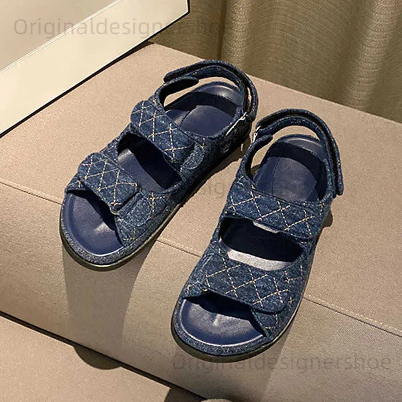 Сандалии Blue Hook Loop Denim Sandals Women Double Band Open Toe Shoes Студенты Студенты Summer Soft Leather Platform Sandalias Fems 2023 T240409