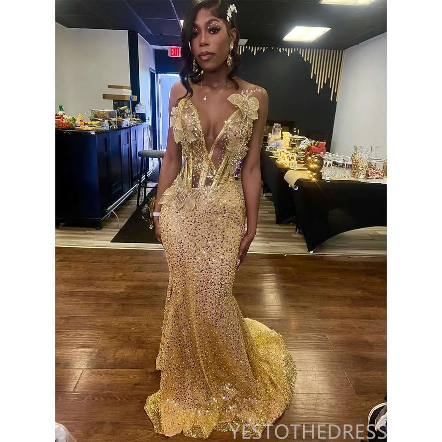 gold prom dress 8th grade Two Piece Gold Prom Dress V-neck Satin Beading Evening Dress PSK158 US6 / Gold