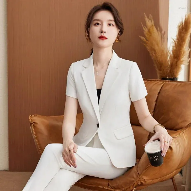 Women's Two Piece Pants Summer Formal White Blazer Women Business Suits Pant And Top Set Short Sleeve Jacket Ladies Office Work Uniform OL