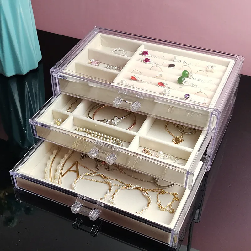 New Three Layer Transparent Drawer Earrings Necklaces Bracelets Jewelry Storage Box Big Size Women Flannelette Jewelry Box Gift