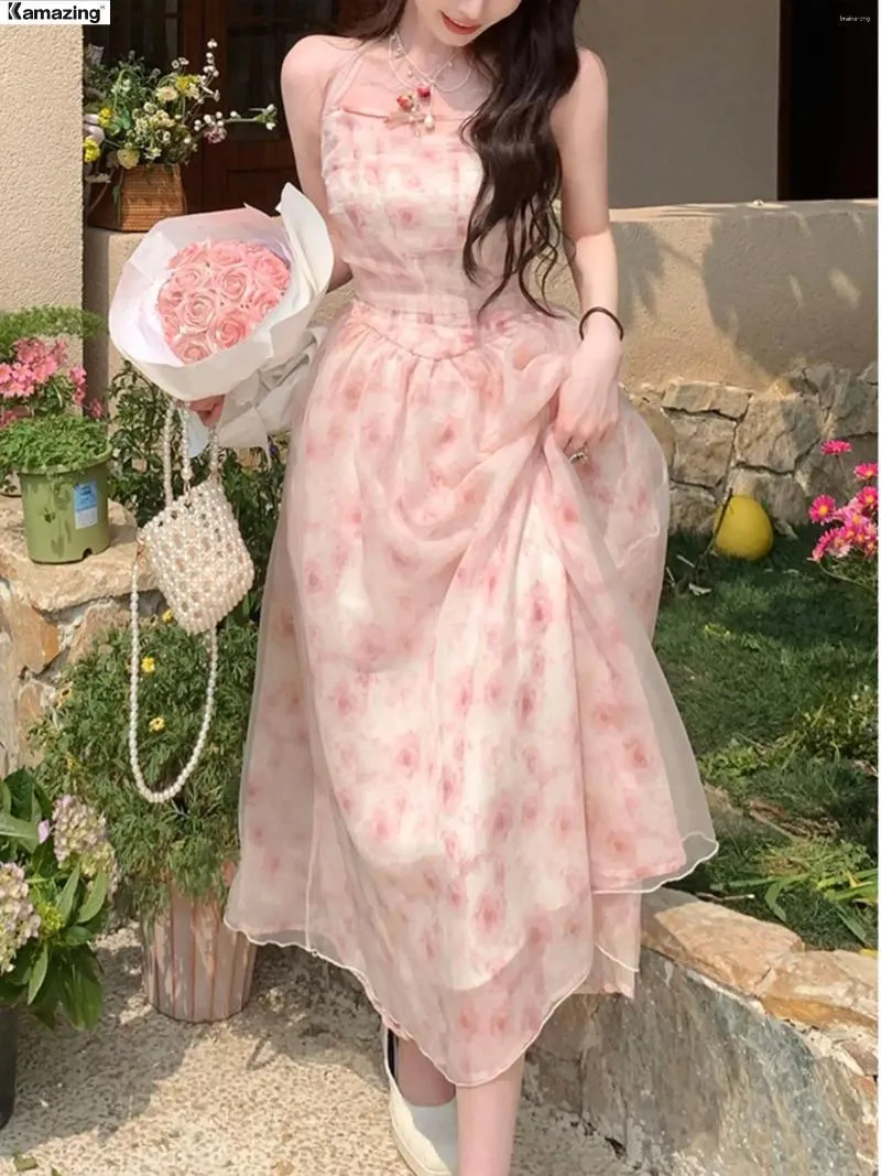 Floral print chiffon halter dress with beaded belt 2025