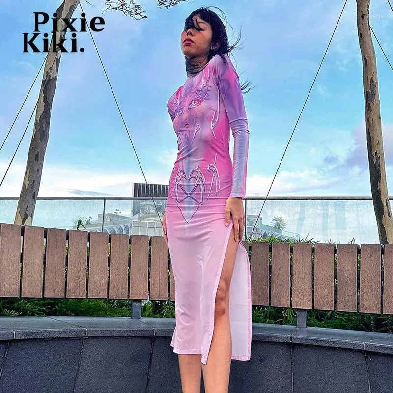 Robes décontractées Pixiekiki Anime Imprimé robe en maillage transparent Harajuku Streetwear Y2K GRUNGE Clothes Split Long pour les femmes printemps 2024 P85-BI15