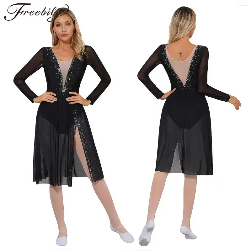 Stage Wear Women Figuur Skating Dress Ballet Gymnastics Latin Lyrical Dance Dancewear Lange Mouw Strass Slin Split Sheer Turepard -jurken