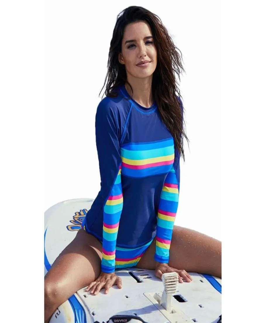 Plus Size Zwei -Stück UV Colorblock Geometrische Regenbogenstreifen Langarm Surf Badeanzug Schnell trockener Strandbekleidung mit Briefs6034756