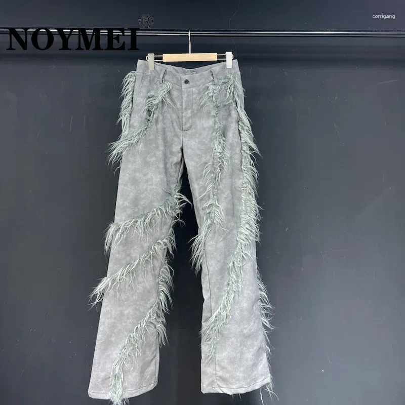 Men's Pants NOYMEI Gray Bell-bottomed Casual Pu Leather All-match Fur Patchwork Big Size Trousers Men 2024 Spring WA4238