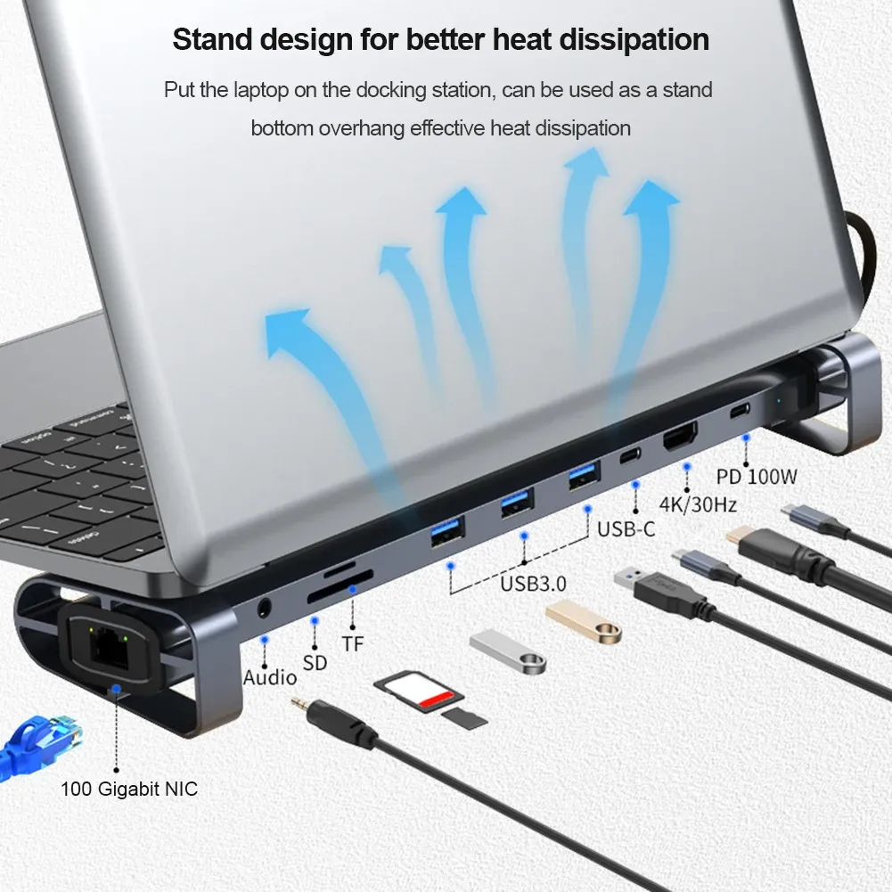 المحطات 10in1 USB C محطة الإرساء RJ45 Gigabit Ethernet 3.5mm aux hdmicible 4k 3 USB 3.0 Hub for MacBook Huawei المحمول حامل